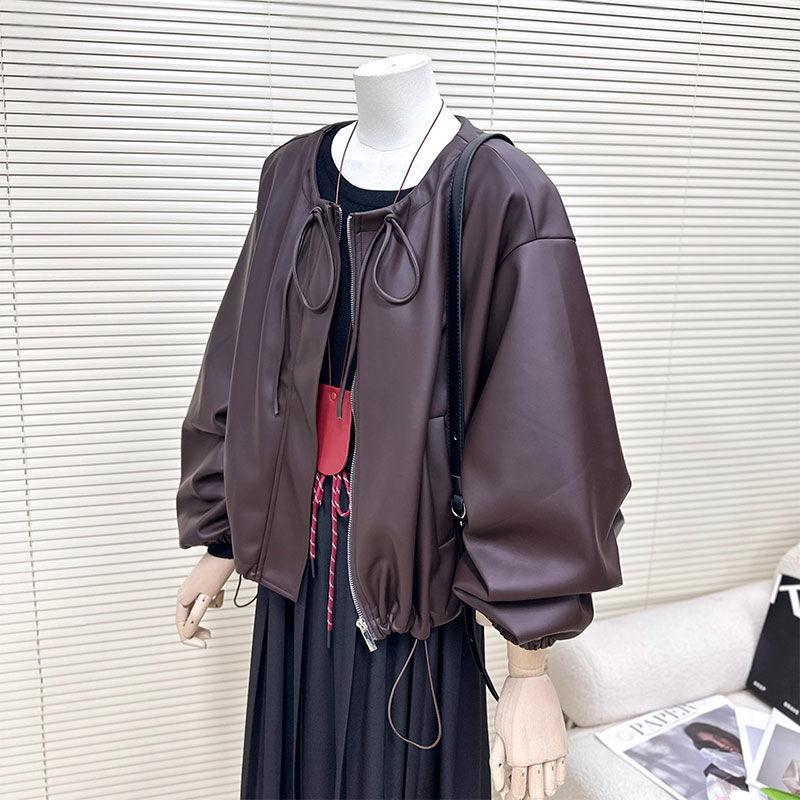 

Майярдово-красная кофейная куртка из мягкой кожи женская весенне-осенняя новая свободная кожаная кофта с круглым вырезом модная 2XL suggestion [130-70kg] кофейный