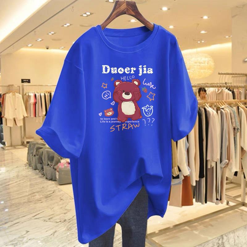 Bear printed t-shirt women's summer new loose and versatile cartoon t-shirt medium and long bottoming shirt
