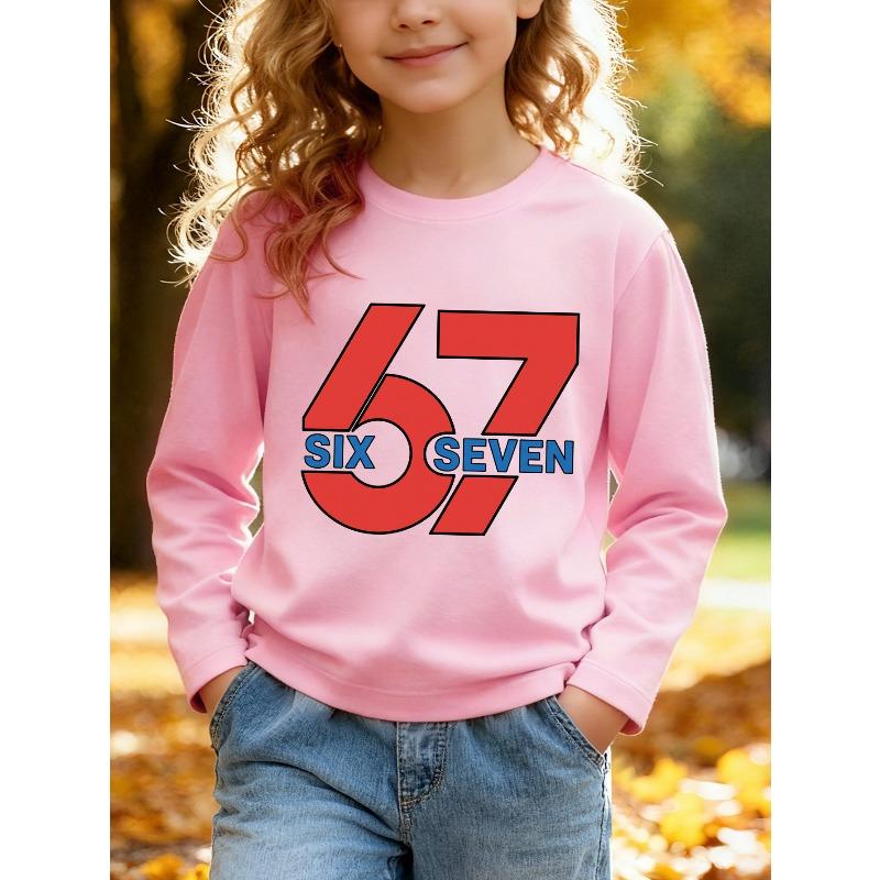 Kids Unisex Crewneck Sweatshirt, Bold Red Block 67 SIX SEVEN Contrast Blue Text Long Sleeve Pullover, Soft Fleece Sweatshirts for Boys Girls Ages 4+