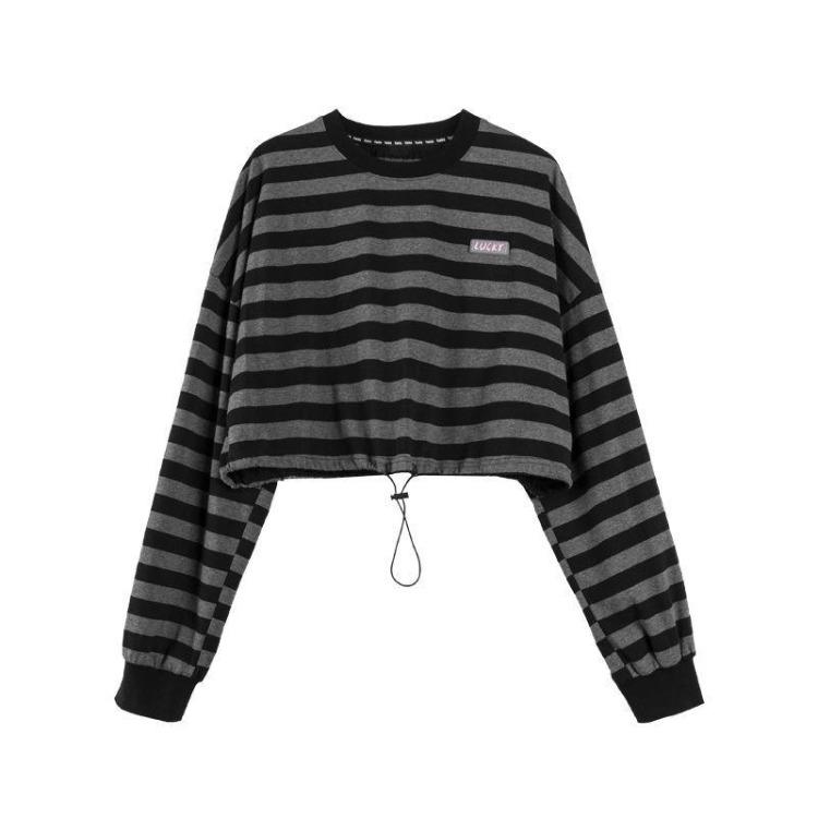 2023 Korean Y2K Fashion Hoodies for Women Teens Casual Loose Preppy Style Striped Drawstring Crop Tops