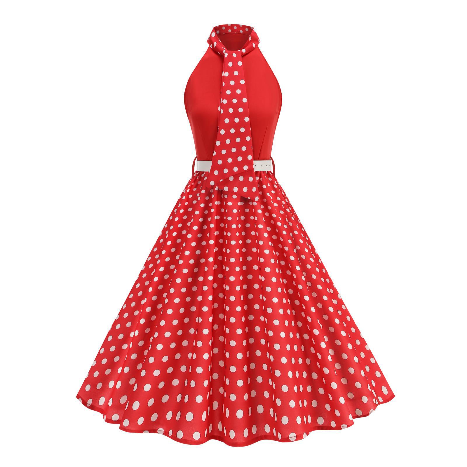 

Ретро-платье в стиле Хепберн 2025 года в горошек и цветовых блоках с бантом M красный