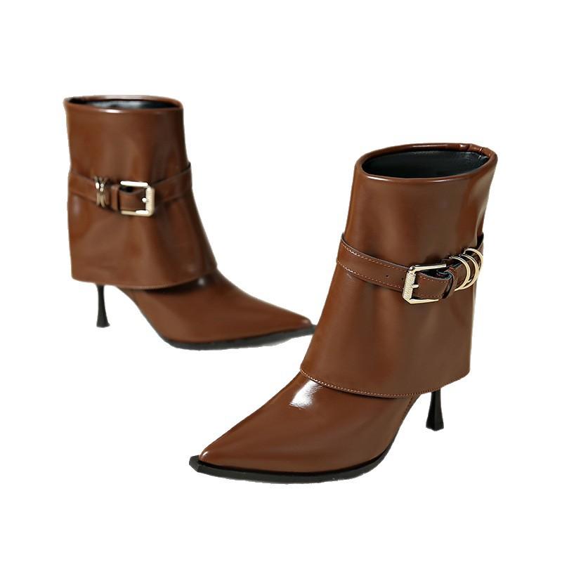 Trend metal buckle pointed heel fashion boots 0000 autumn and winter new short boots large size high heel trousers boots women