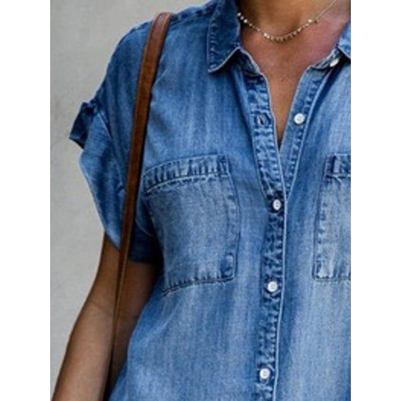 Women's Slim Fit Denim Shirt Dress - Short Sleeve Button-Down Midi Dress with Pockets, Casual Stretchy Jean Dress for Summer, Spring