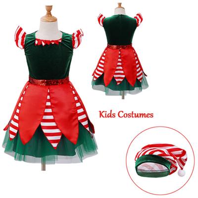 Kinder-Mädchen-Elfen-Weihnachtskostüme, Rundhalsausschnitt, ärmelloses Pailletten-Streifen-Druck-Netzkleid mit Hut für Mottoparty
