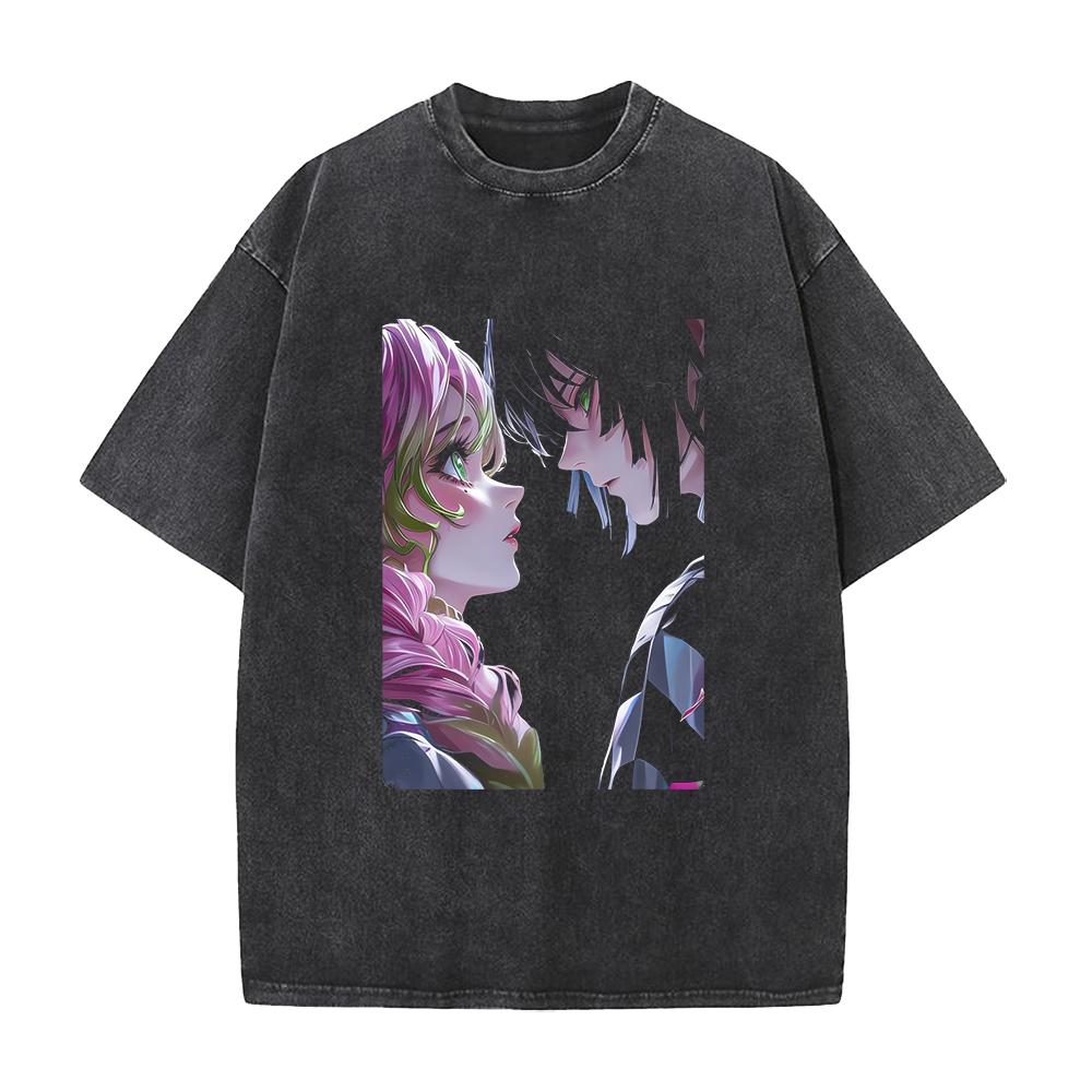 Iguro Obanai Kanroji Mitsuri Demon Slayer Print T-shirt Men Women Short Sleeve Clothing Cotton Tshirt Harajuku Washed Tops Tee