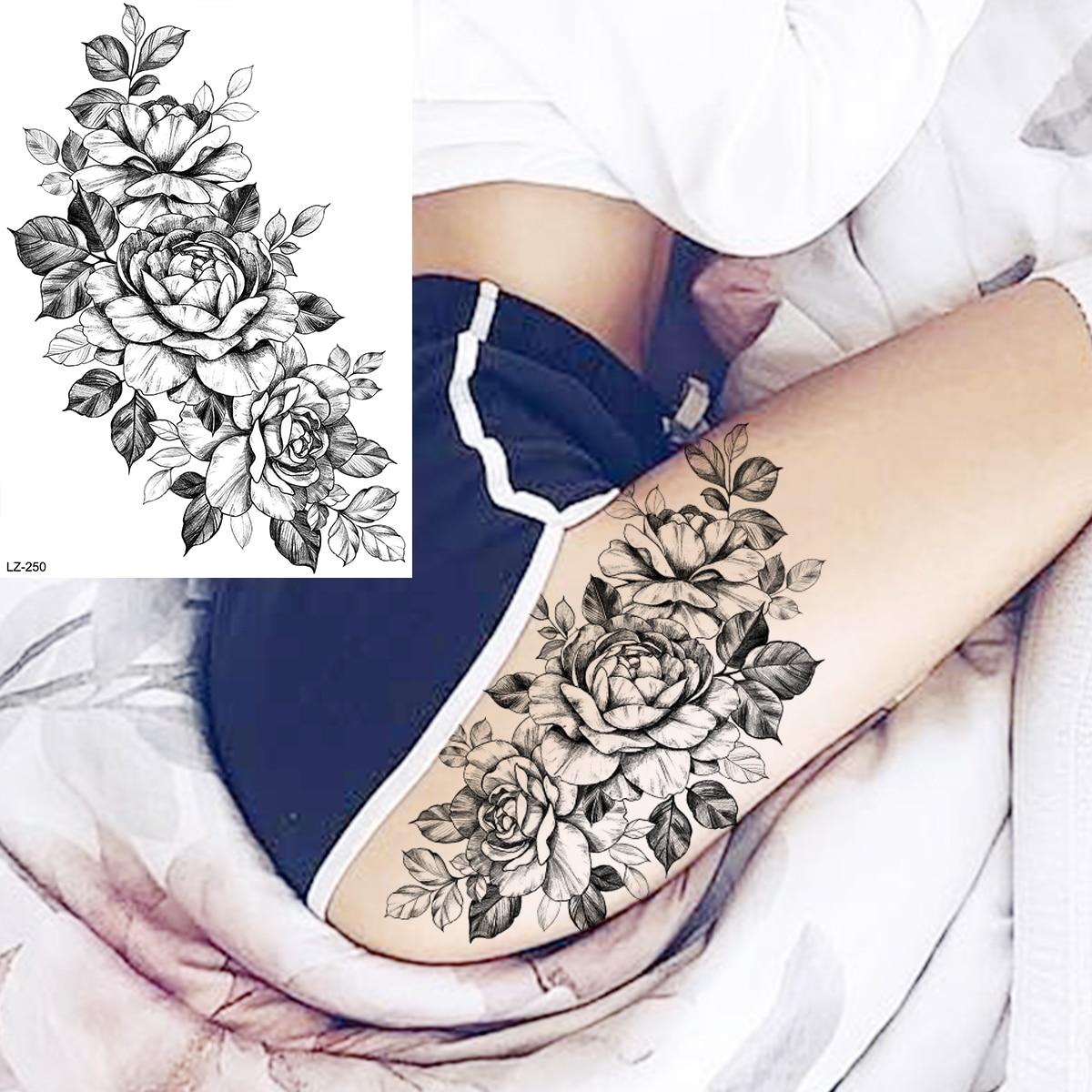 

Черный Большой Цветок Розы Временные Татуировки Для Женщин Взрослых Хна Череп Компас Змея Цветок Поддельные Татуировки Наклейки Татуировки На Ногу Бедро
