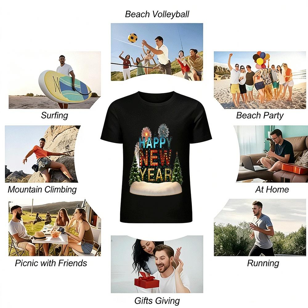 Happy New Year Firework Christmas Tree Print Casual Top Pure cotton T-shirt