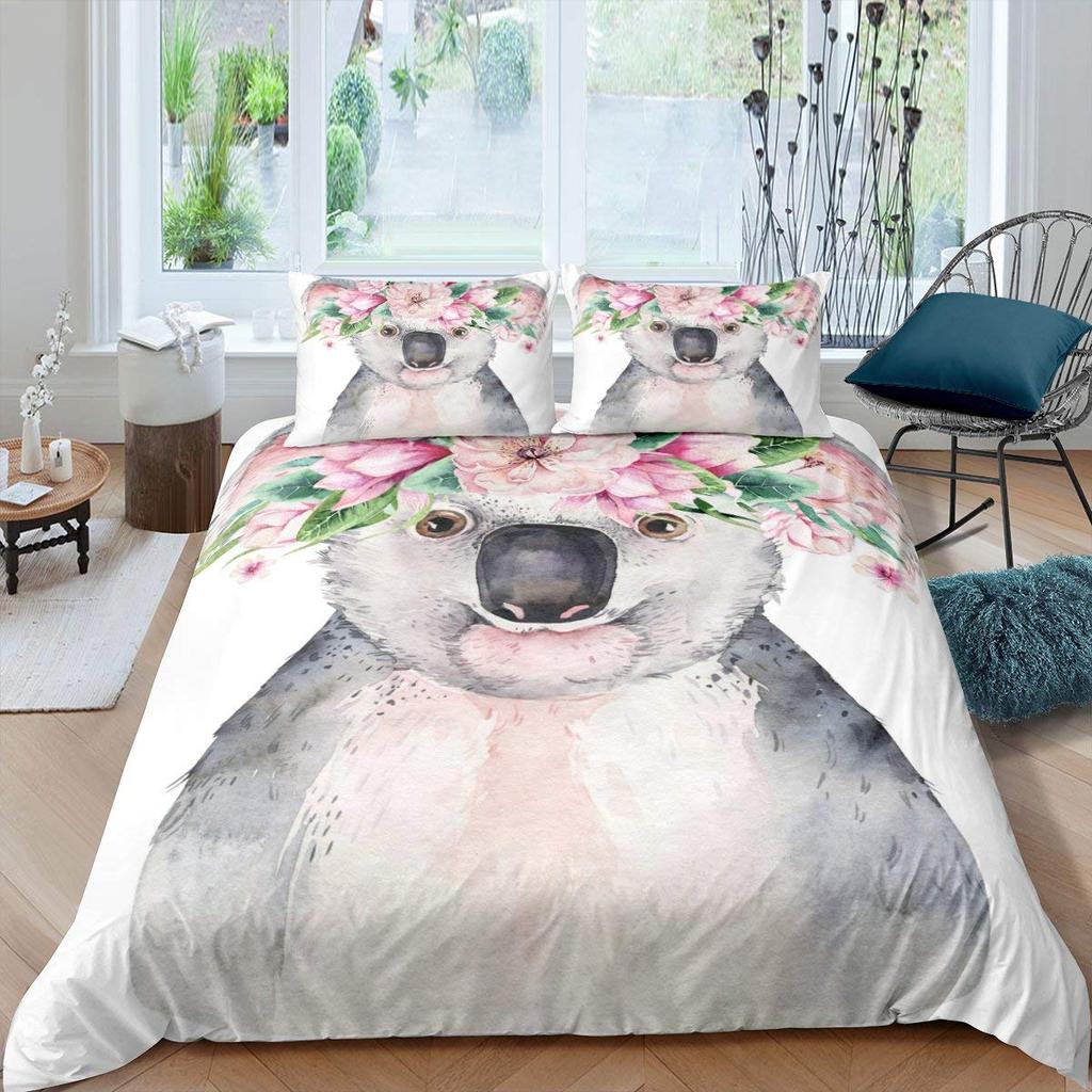 Urocza Poszwa na Kołdrę Koala Rozmiar Twin, Różowy Zestaw Pościeli z Balonem na Gorące Powietrze, Akwarelowy Kwiatowy Zwierzęcy Pokrowiec na Kołdrę, Kreskówkowy Pokrowiec na Kołdrę
