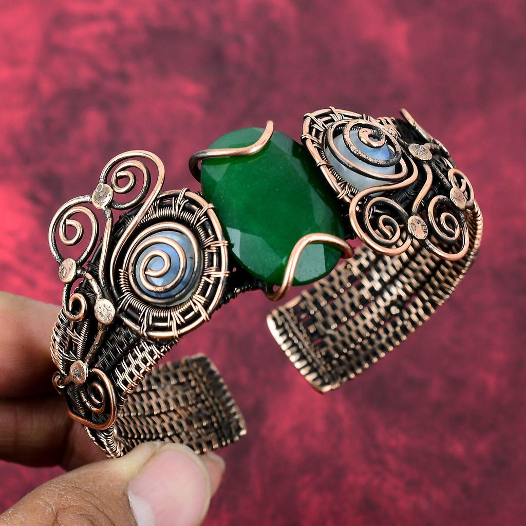 Faceted Zambian Emerald Cuff Bracelet Copper Wire Wrapped Adjustable Bangle Rainbow Moonstone Gemstone Cuff Handmade Copper Jewelry For Gift