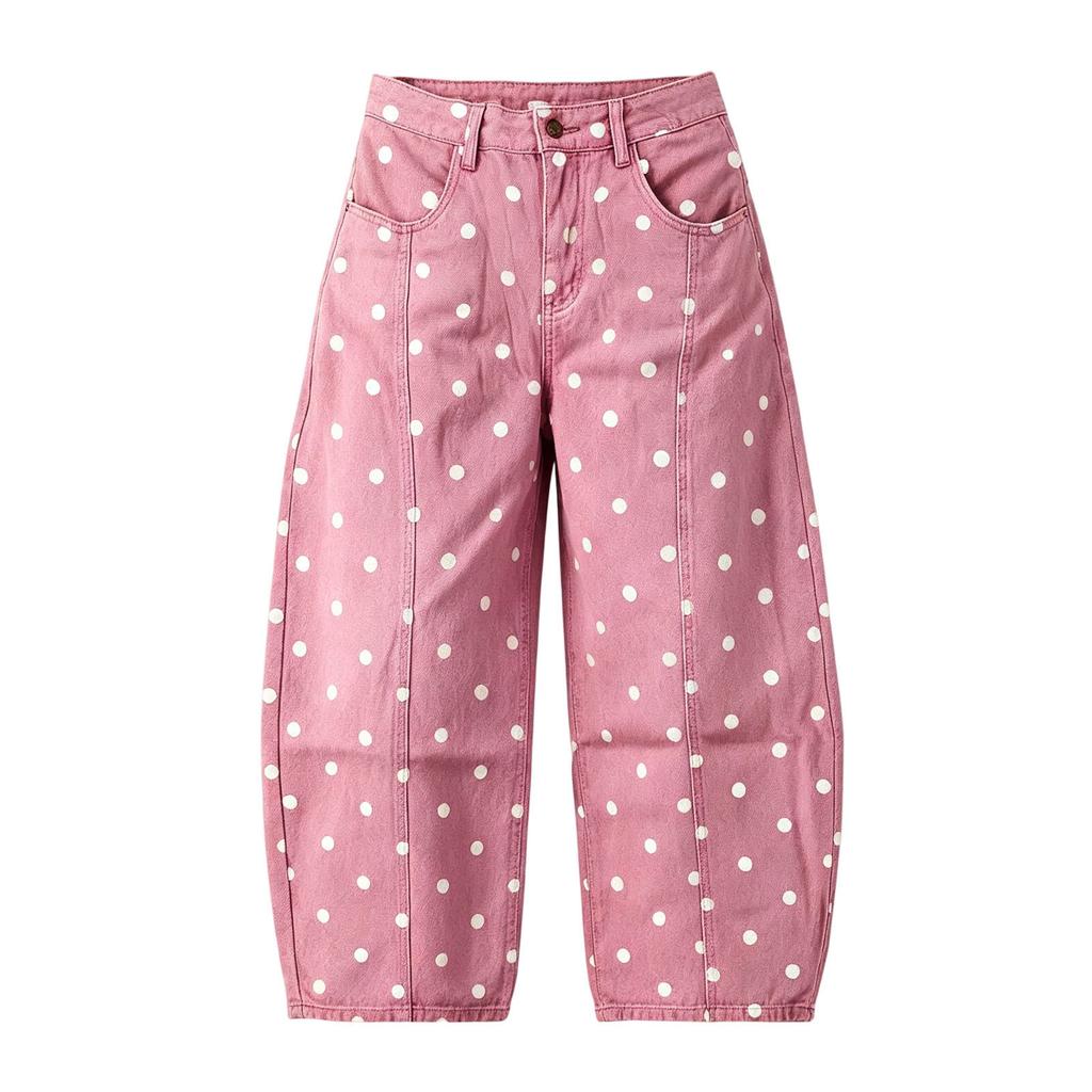 Women's Polka Dot Cropped Jeans Loose Fit Mid Curved Leg Casual Denim Pants