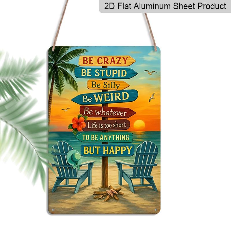 2D Flat - 1pc Ideal for Decorating Your Space, This AluminuSign Features a Relaxing Tropical Beach Scene with Palm Trees And Adirondack Chairs