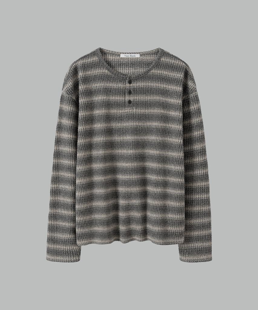 NONBLANK Waffle Henley Neck Ls T-Shirt_Grey Stripe