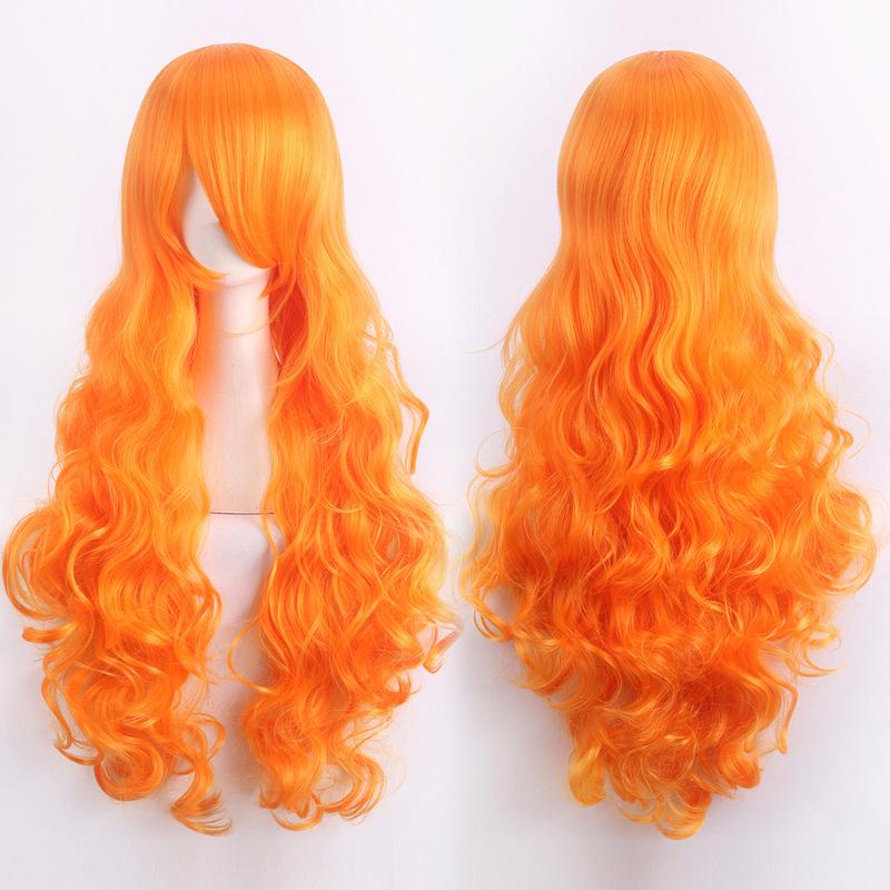 Parrucche Cosplay Europee e Americane, Parrucche Anime Colorate, Fibra ad Alta Temperatura, Capelli Lunghi e Ricci da 80 cm, Bottoni per il Commercio Estero