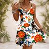 Women Plus Size V Neck Strappy Sleeveless Sugar Skull Floral Printed Gathered Waist Flared Dress