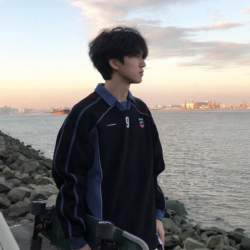 

Американский свитер с V-образным вырезом мужской осенний дизайнерский контрастное поло с длинным рукавом пиджак с лацканами XXXL чёрный