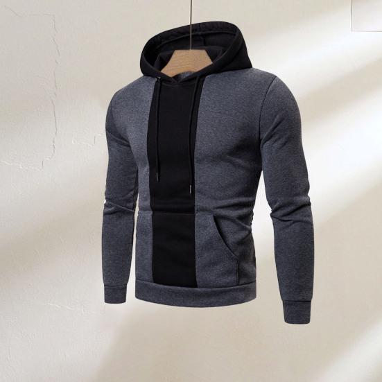 Men Fall Winter Hoodie Colorblock Drawstring Long Sleeves Big Pocket Hooded Retro Thin Loose Daily Wear Casual Sport Top