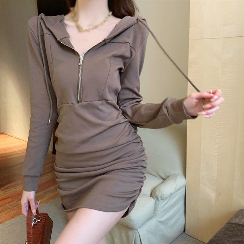 Ležérní Jednoduché Jednobarevné Design na zip Dlouhý rukáv S kapucí Krátký styl Taška Hip Svetr Šaty