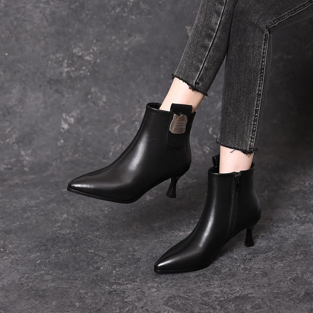 Pointed Toe Leather Warm Autumn Winter Female Short Shoes Elegant with Medium Heels Booties 2025 Hot Women's Ankle Boots