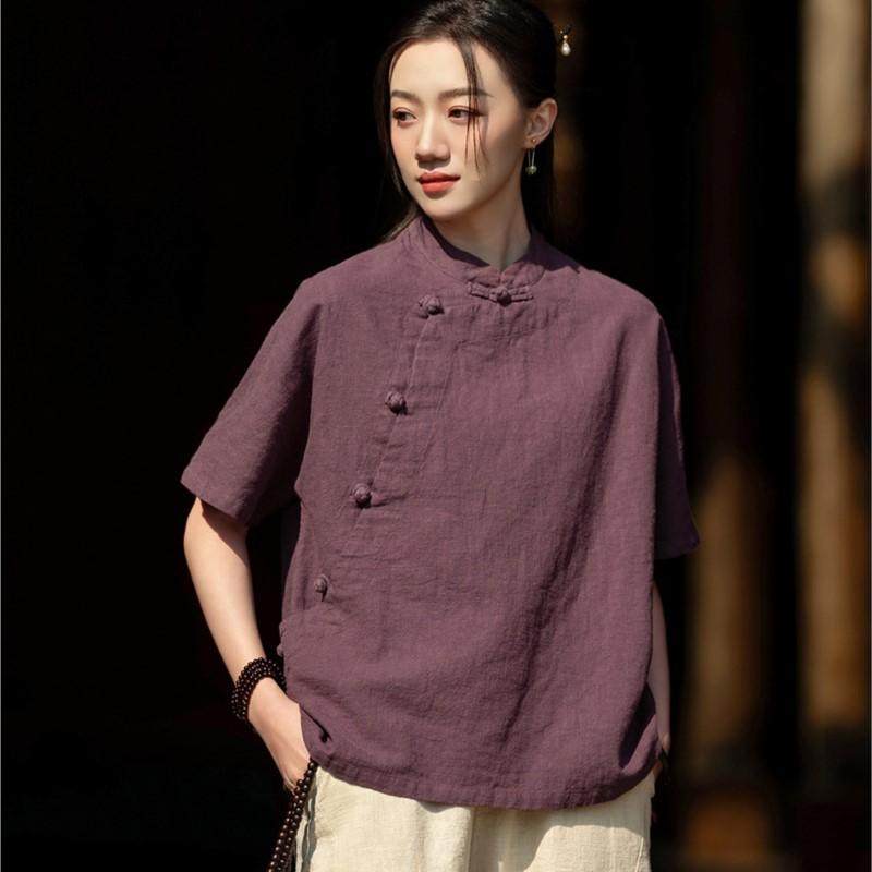 

Johnature Women Vintage Summer Shirts Tops Stand Short Sleeve Blouses Solid Color Button Loose Chinese Style Shirts One Size