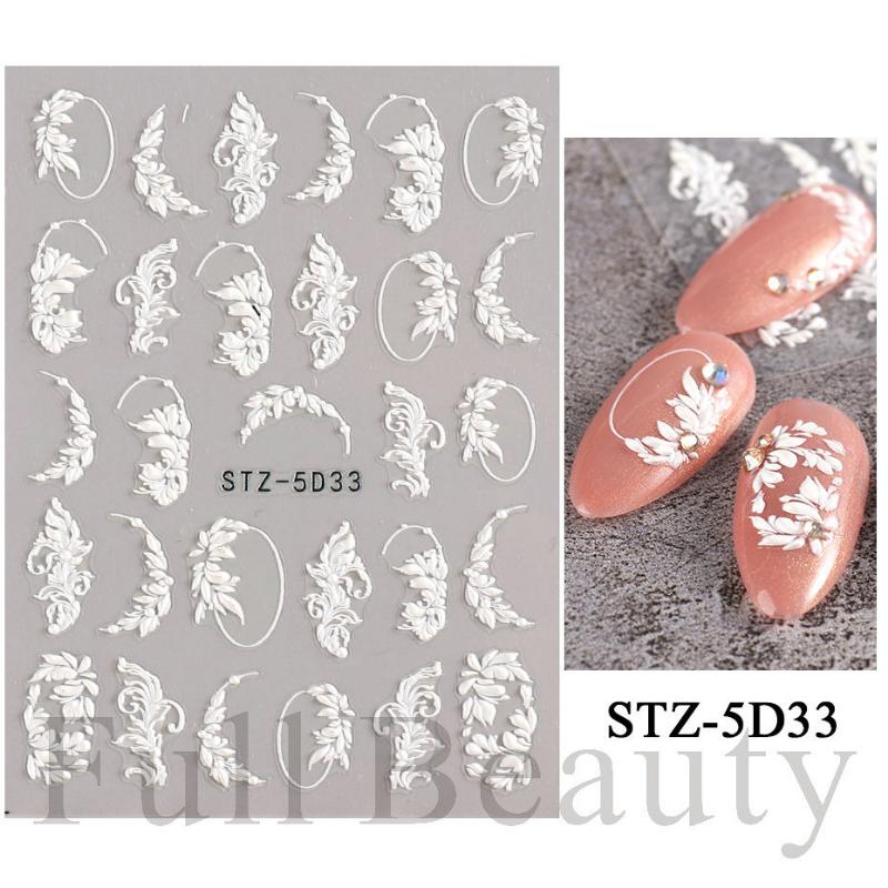 1 Sheet 5D Simple Flowers Nail Embossed Stickers Elegrant Wedding Design Adhesive Sliders Summer Textured Engraved Nail Decoration