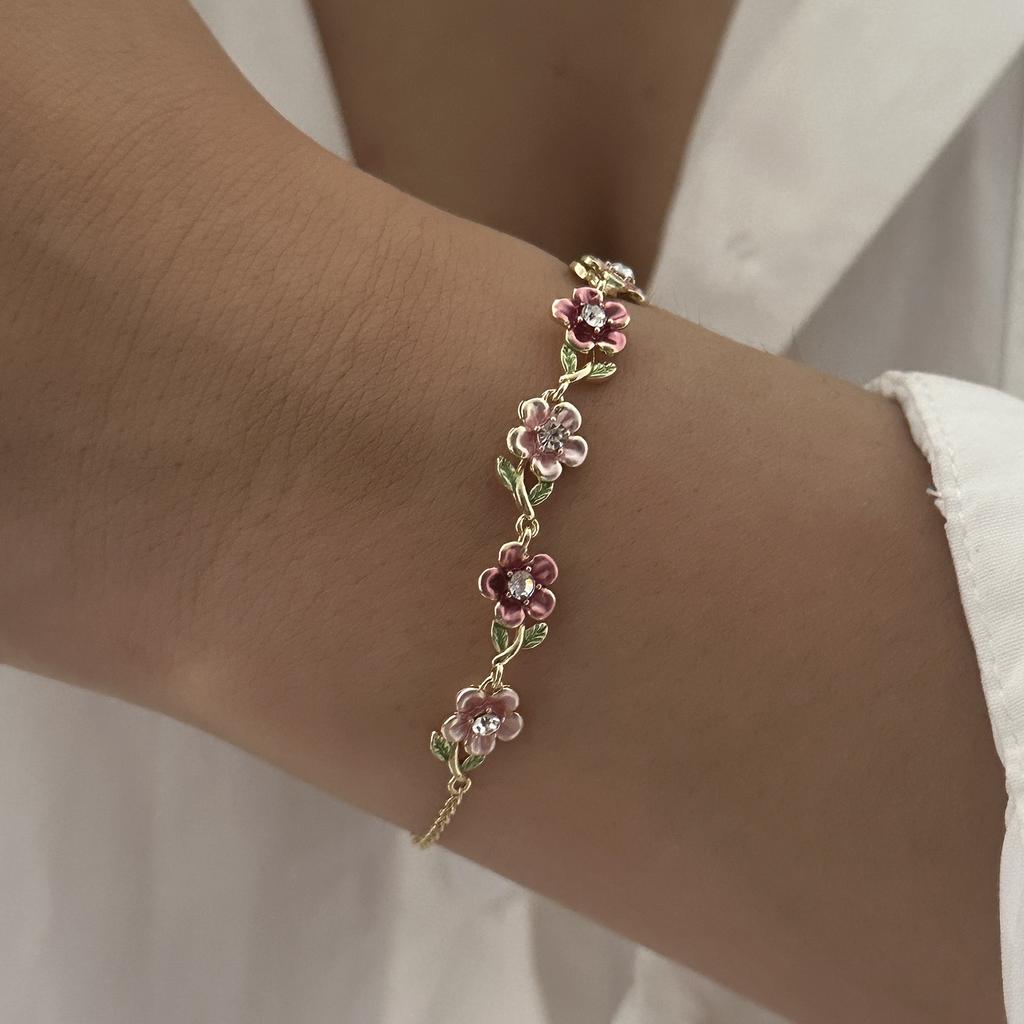 Boho Vintage Colorful Enamel Flower Bracelet For Women Gold Plated Crystal Zircon Hollow Floral Bangle Party Wedding Jewelry