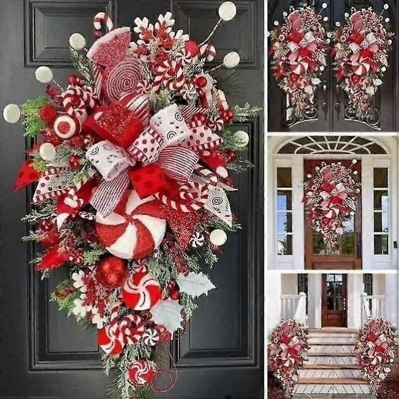 Weihnachts-Zuckerstangen-Kranz für die Haustür Rot Weiß Tropfenförmiger Girlande Zuckerstange Weihnachts-Treppenhaus-Dekorationen Weihnachts-Kranz