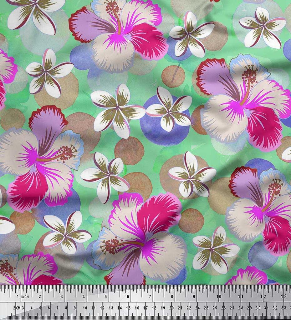 Soimoi Japan Crepe Satin Fabric Leaves & Plumeria Flower Decor Fabric Printed Metre 42 Inch