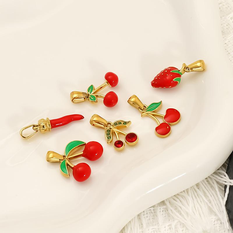 Personality High Sense Summer Fruit Strawberry Cherry Oil Drop Pendant Women'S Necklace
