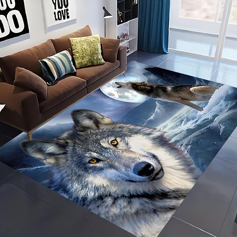 1pc 2D Flat Howling Wolf Moon Mountain Landscape Flannel Area Rug Non Slip Nature Art Carpet For Living Room Bedroom Decor
