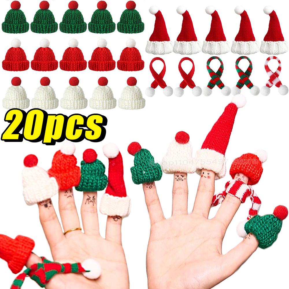 Mini Santa Knitted Hat & Scarf Small Christmas Costume for Cat Rabbit Doll Lollipop Bottle Cap DIY Xmas Party Dinner Decoration