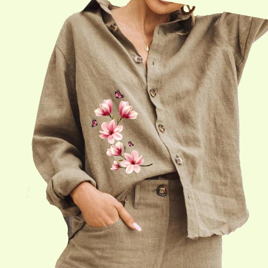 

Женская модная блузка с цветочным принтом, женская повседневная рубашка из хлопка и льна с длинным рукавом на пуговицах 3XL хаки