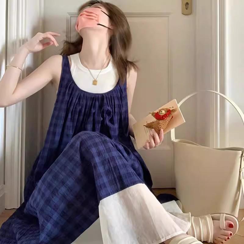 

Женское синее клетчатое платье на тонких бретельках - Маленький французский летний стиль со сладким жилетом и длинной струящейся юбкой L (Premium) синий