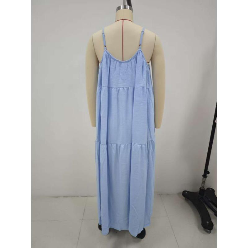 Women Summer Boho Spaghetti Strap Tiered Maxi Dress, Loose Flowy Pocket Solid Sundress, Lightweight Blend Fabric Casual Beach Resort Vacation Dress