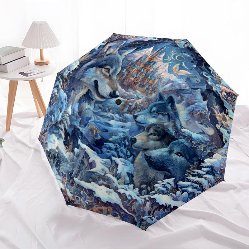 Wolfsmuster, automatisch faltbarer Regenschirm, tragbares und faltbares Design, 8 Rippen, ein Weihnachts- oder Geburtstagsgeschenk.