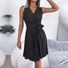 Abito Estivo da Donna Elegante a Vita Alta con Scollo a V Incrociato, Monocolore, Senza Maniche, Allacciatura, Moda, Temperamento, Primavera