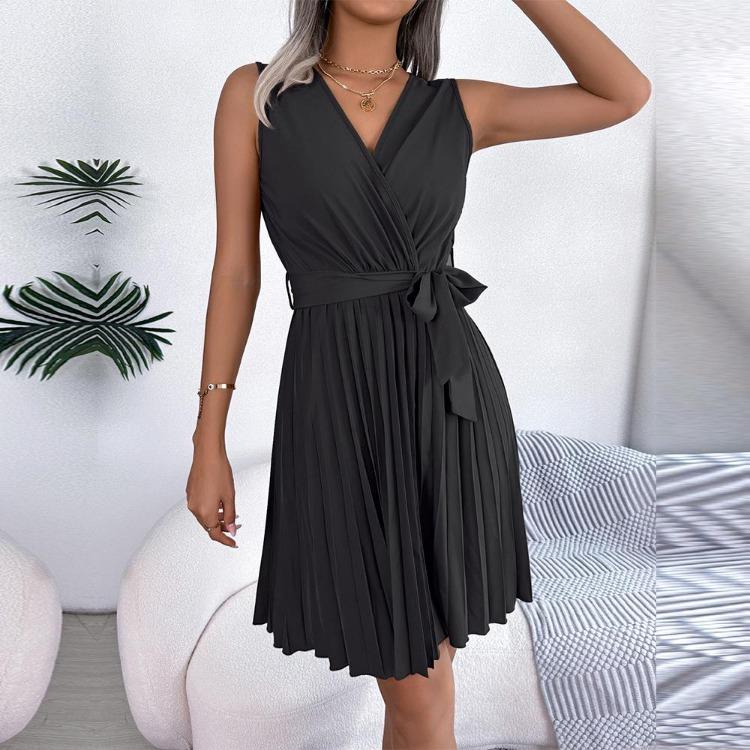 Abito Estivo da Donna Elegante a Vita Alta con Scollo a V Incrociato, Monocolore, Senza Maniche, Allacciatura, Moda, Temperamento, Primavera