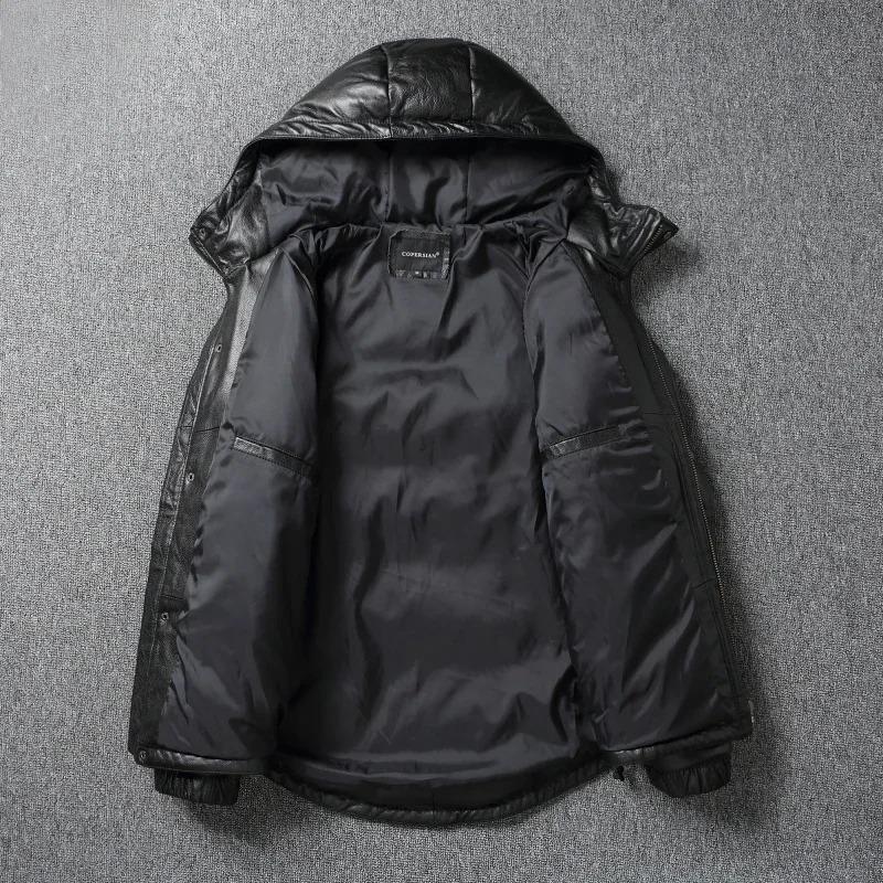 Chinese Size Raglan Sleeve Thick Men Leather Jacket Hood Warm Duch Down Coat Winter Jackets Genuine Cow Leather Coats Mens Clothing