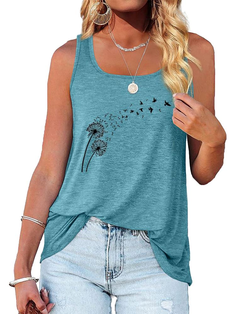 Women Fashion Print Sleeveless Top Summer Casual Round Neck T-shirt Pullover Loose Ladies Round Neck Tank Top