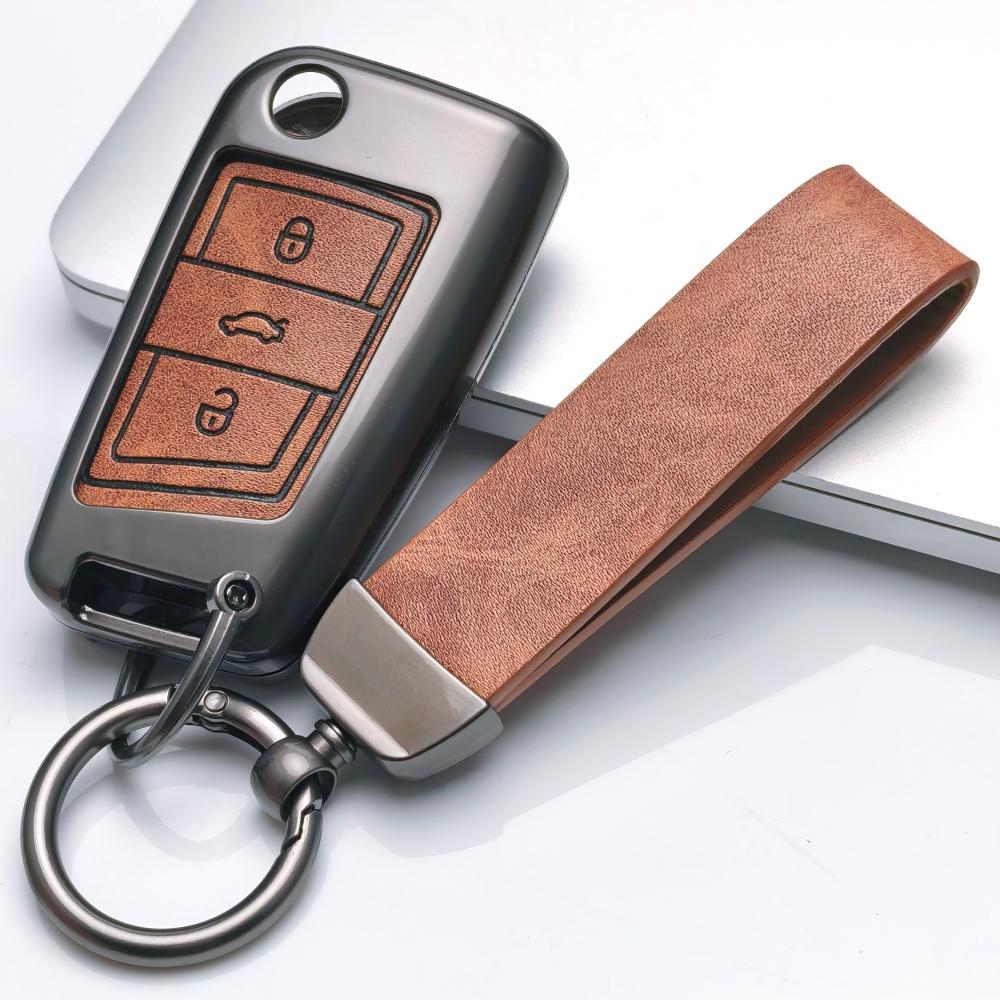 Zinc Alloy Leather For Vw Golf 7 Gti Polo T-Roc Touran Tiguan Skoda Octavia Rapid Kodiaq Fabia Seat Ibiza Leon Car Key Cover