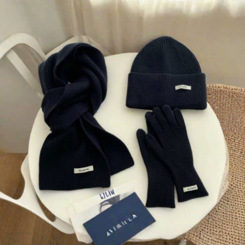 Baumwollstrick Wintermütze Schal Handschuhe Set Für Damen Mit Strukturmuster