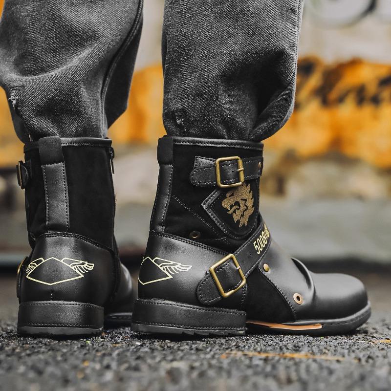 Retro Men's Boots Fashion Metal Buckle Side Zipper Ankle Boots Outdoor Non-slip Wear-resistant Casual Boots Botas Para Hombre