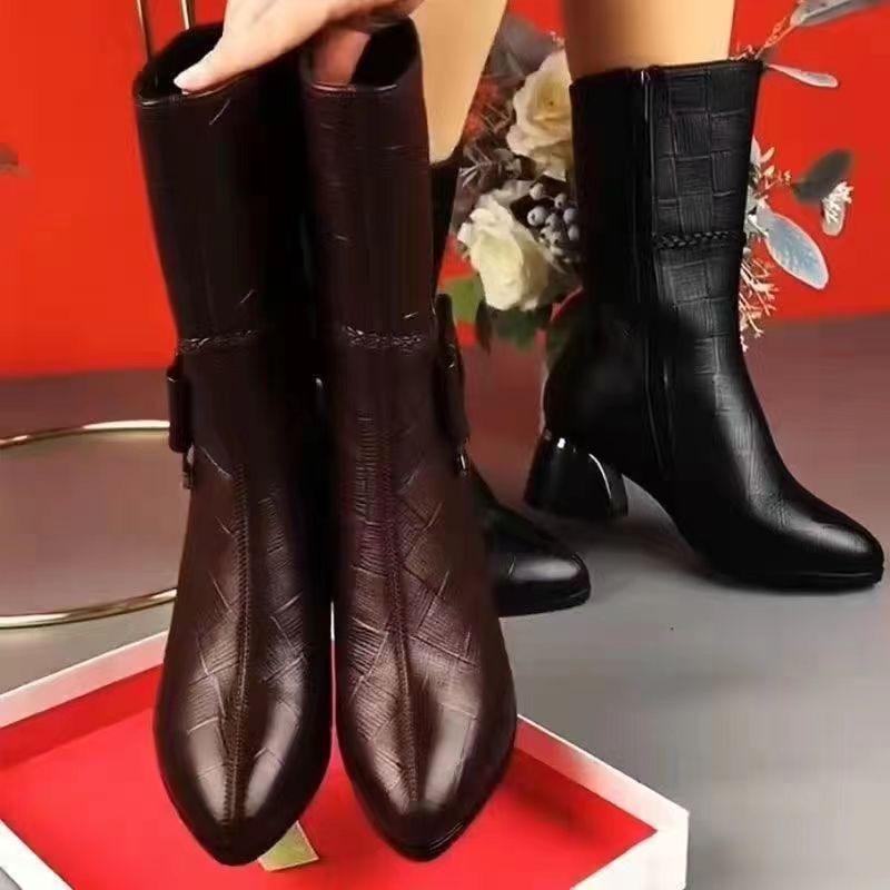 Fashion Women's Boots Designer Mid-calf High Heels Boots Fashion Casual Leather Boots for Women Plush Warm Winter Boot Botas Mujer2025