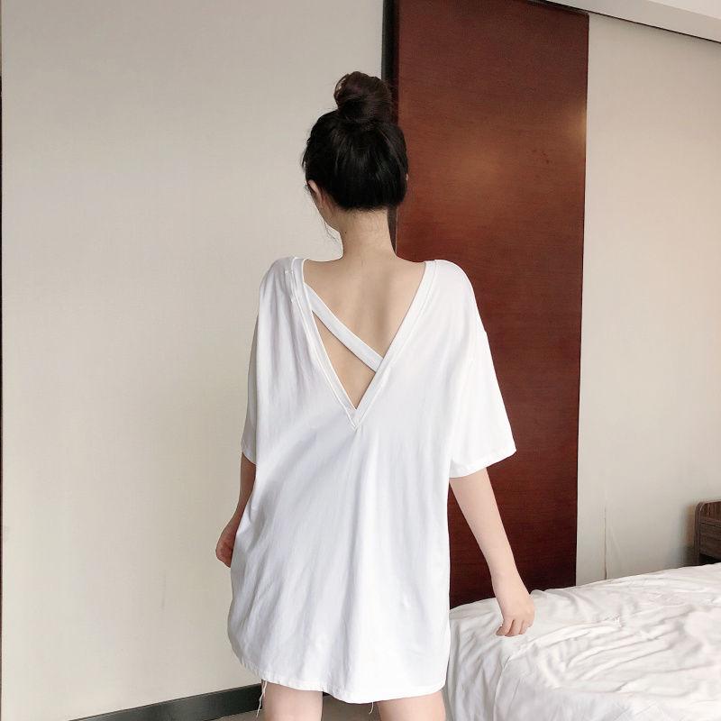 

Женская летняя студенческая корейская свободная черная женская футболка с открытой спиной и короткими рукавами, толстовка S белый