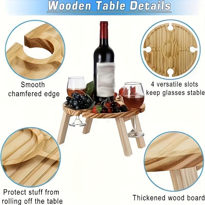 Wooden Outdoor Folding Picnic Table 2 In 1 With Glass Cup Holder Portable Round Fruit Picnic Plate Foldable Desk For Beach Garde