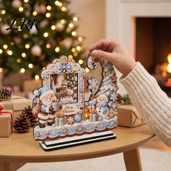 Seasonal Home Decor Christmas Wooden Photo Frame, 2D Picture Holder with Santa Snowman & Holiday Storage Snowflake Pendant, Family Display Frame