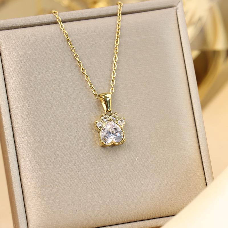 18K Gold-Plated Titanium Cat Paw Pendant Necklace with Colorful Zircon Hearts for Women