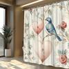 1pc Vintage Blue Bird Shower Curtain - Pink Hearts & Roses, Soft Beige Background, Polyester, Romantic Bathroom Decor