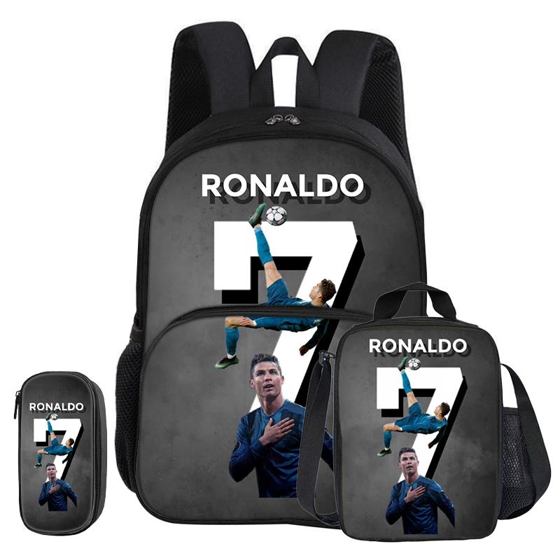 Ronaldo 3 Pcs Set with Front Pocket Backpack Football Sport with Thermal Insulated Lunch Tote Purse CR Football Star Pencil Case