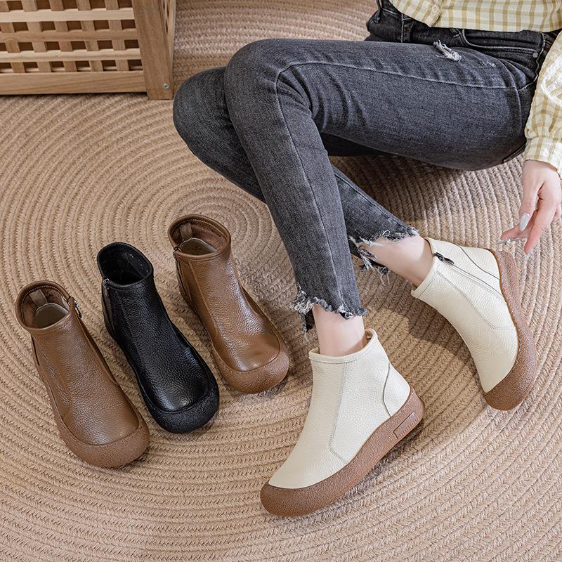 Leather round head short boots flat bottom comfortable retro zipper versatile soft bottom non-slip Martin boots