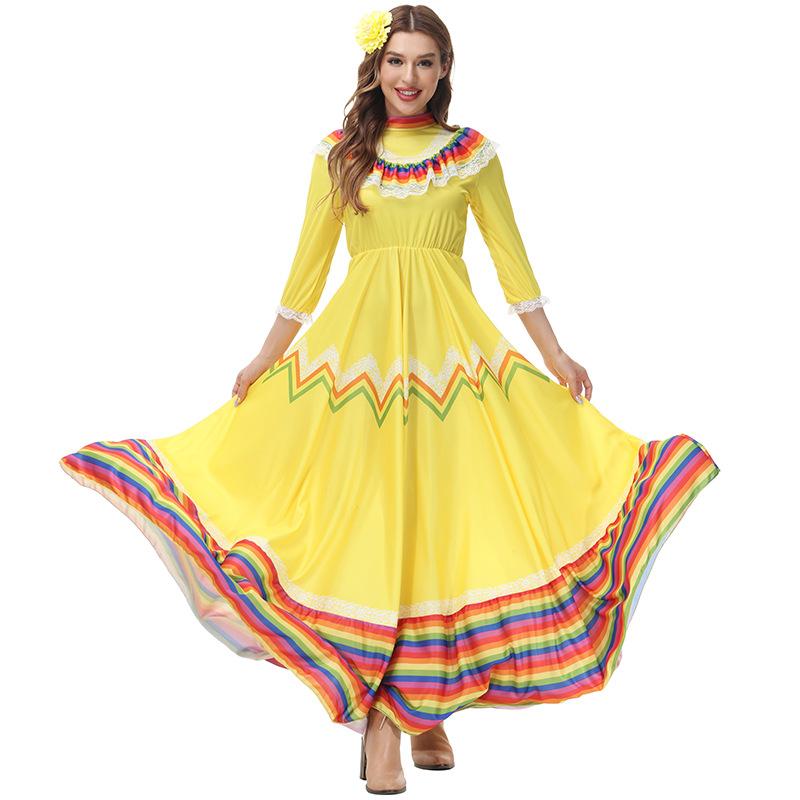 Women's Long Sleeve Round Neck Striped Long Mexican Dress